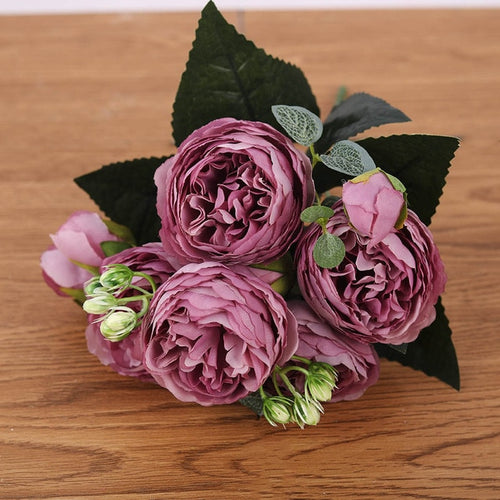 30cm Rose Pink Silk Bouquet Peony Artificial Flowers 5 Big Heads 4 Small Bud Bride Wedding Home Decoration Fake Flowers Faux - Classy & Unique