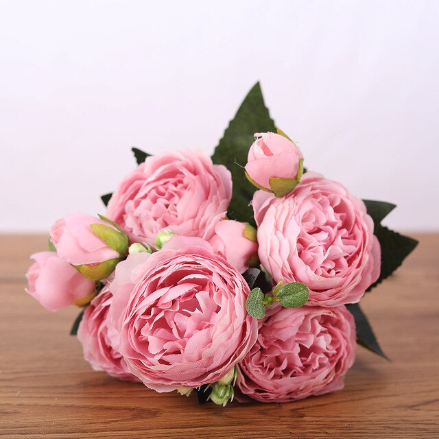 30cm Rose Pink Silk Bouquet Peony Artificial Flowers 5 Big Heads 4 Small Bud Bride Wedding Home Decoration Fake Flowers Faux - Classy & Unique