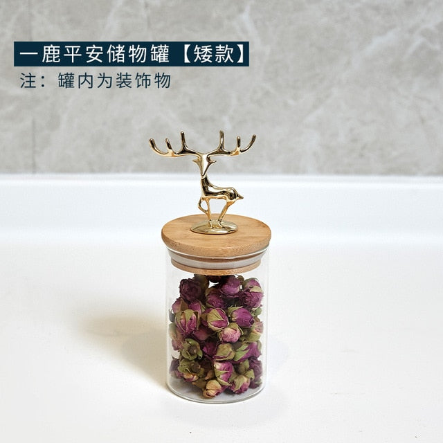 European Simply Tea Caddies Golden Deer Decorative Glass Spices Pot Storage Candy Jar with Wood Cover Tea Caddy Grains Cans - Classy & Unique